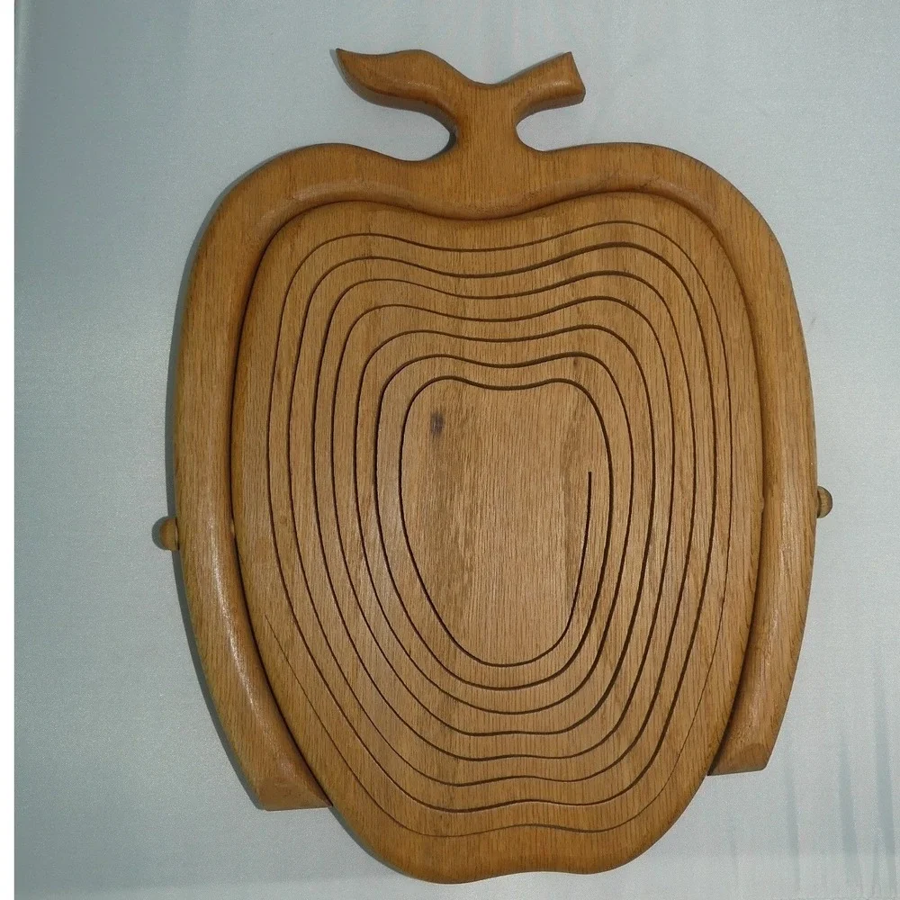 Vintage Collapsible Wooden Apple Fruit Basket Folding Spiral Cut Trivet Bowl